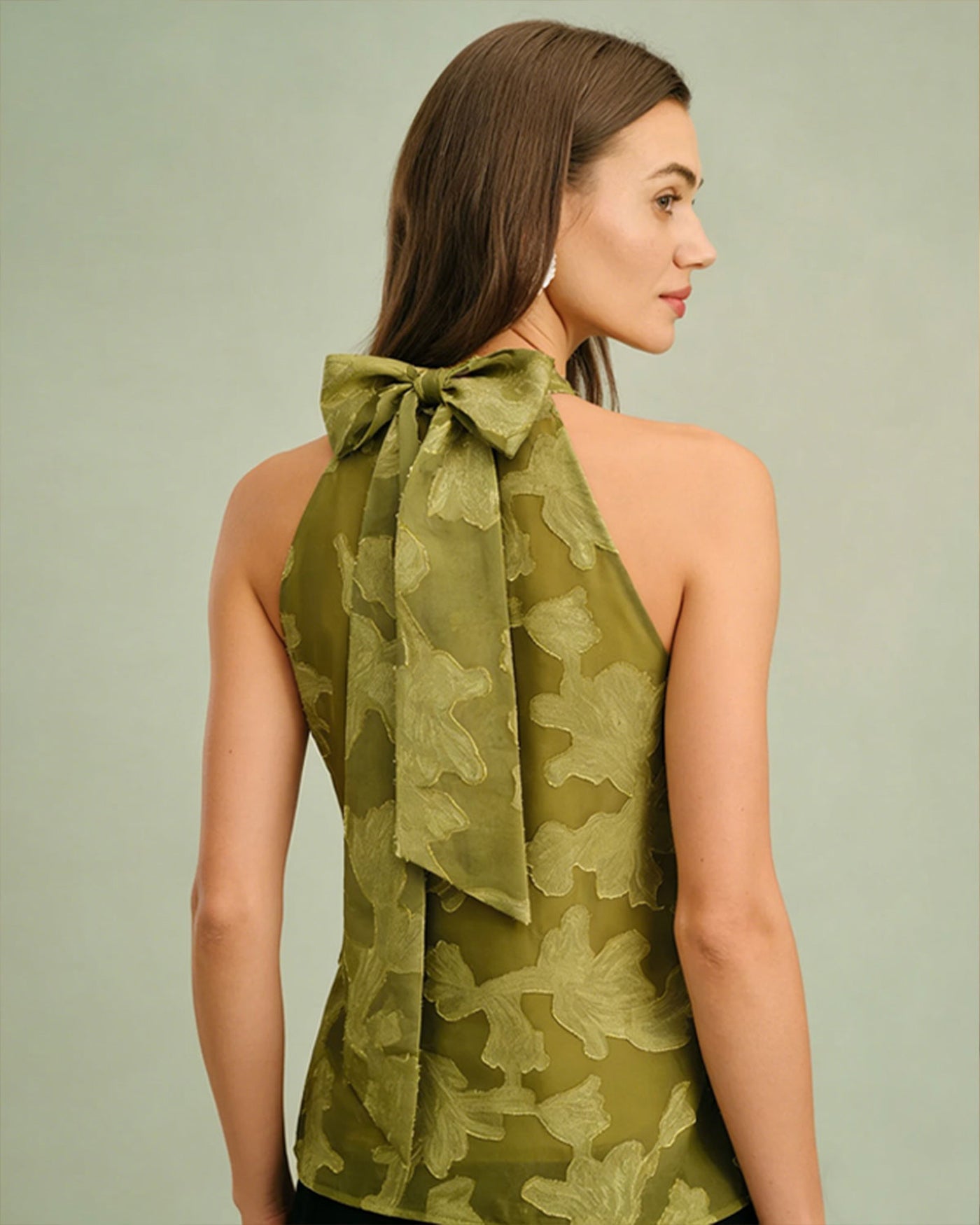 Green Floral Tie-Back Turtleneck Tank Top - view 4