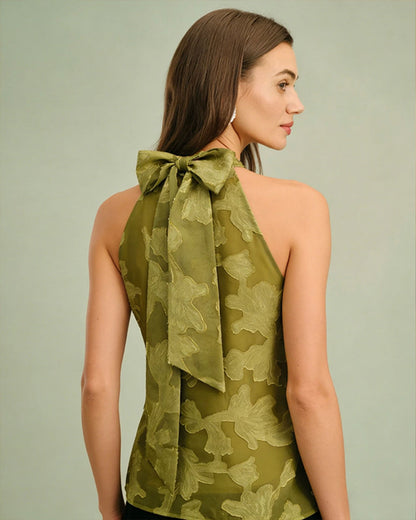 Green Floral Tie-Back Turtleneck Tank Top - view 4