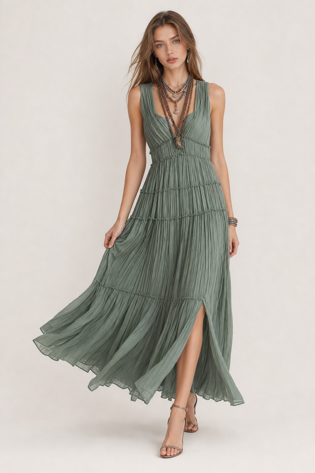 Pleated V-Neck Maxi Dress With Tiered Skirt - view 3