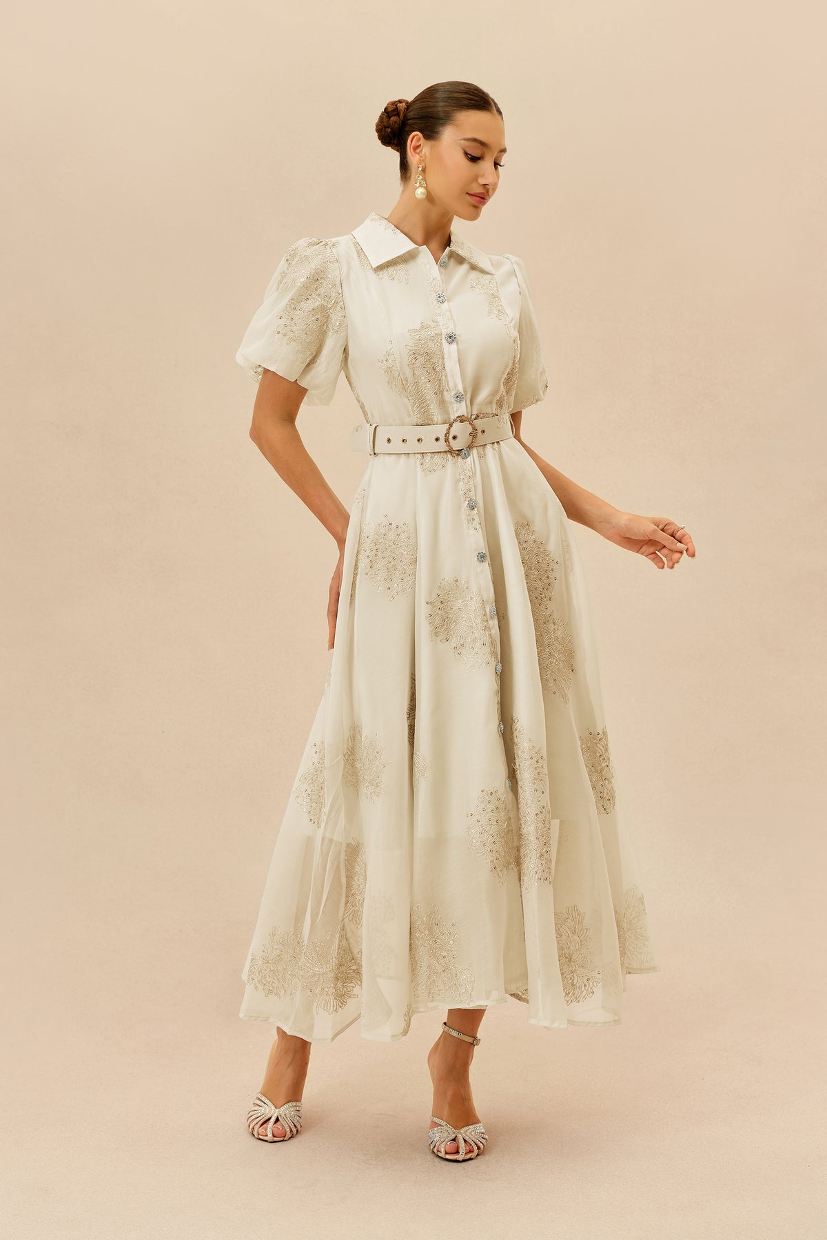 Apricot embroidered maxi shirt dress with belt - view 5