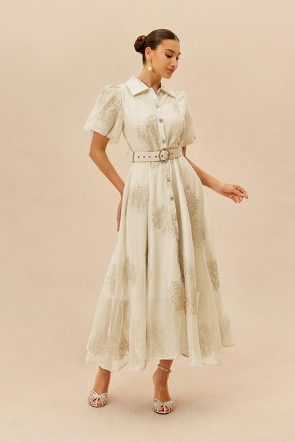Apricot embroidered maxi shirt dress with belt - view 5
