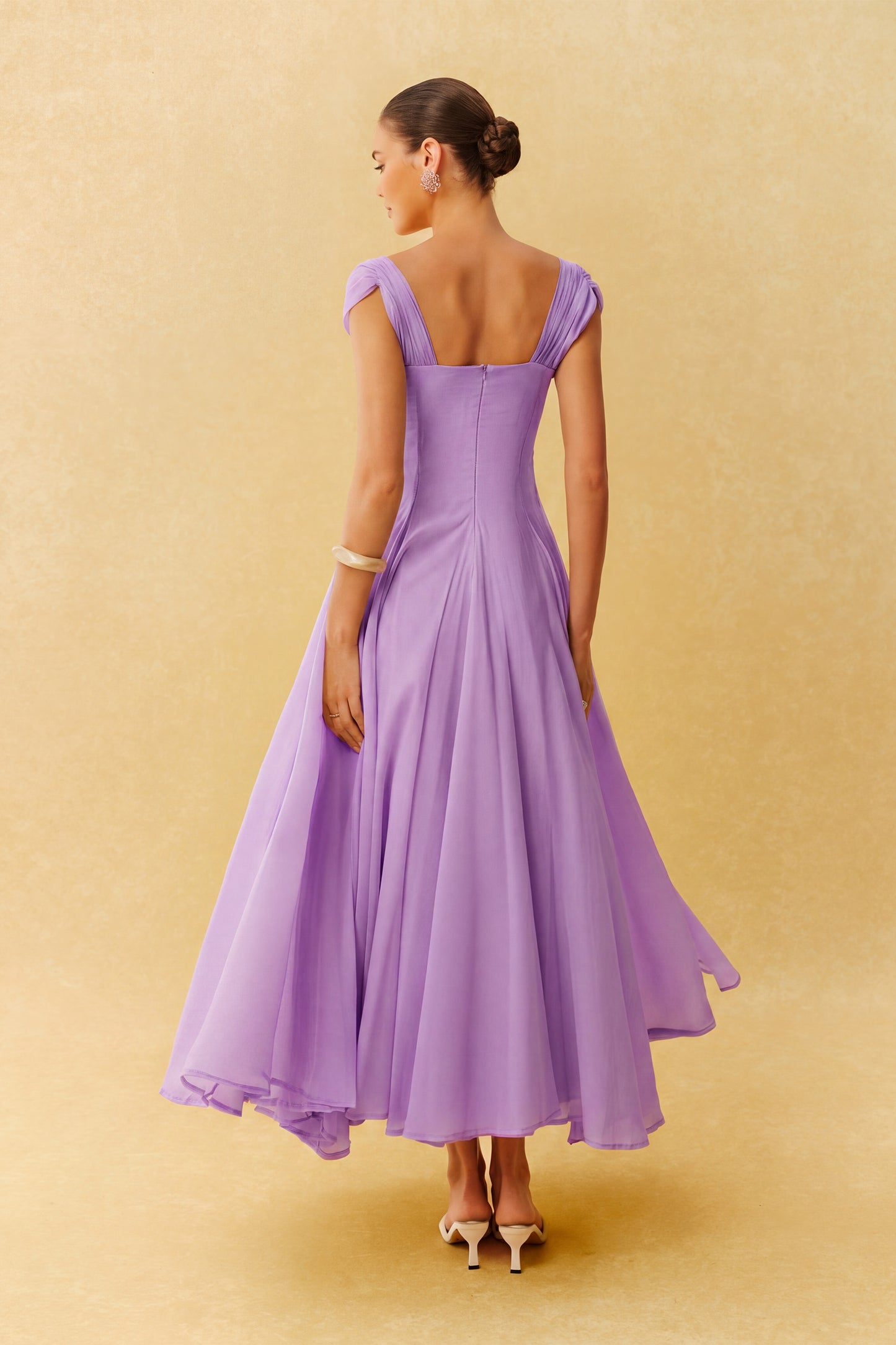 Purple Chiffon Maxi Dress with Pleated Bodice - view 3