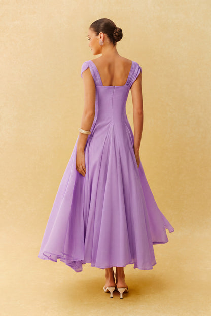 Purple Chiffon Maxi Dress with Pleated Bodice - view 3
