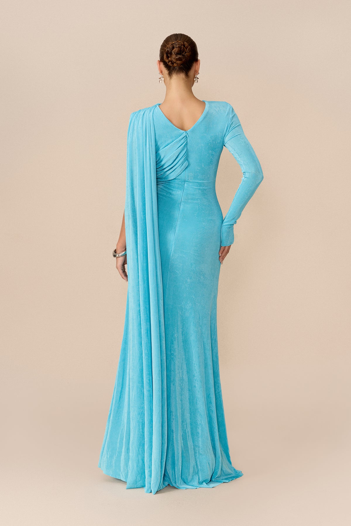 Blue one-sleeve cape maxi dress with draped neckline - view 4