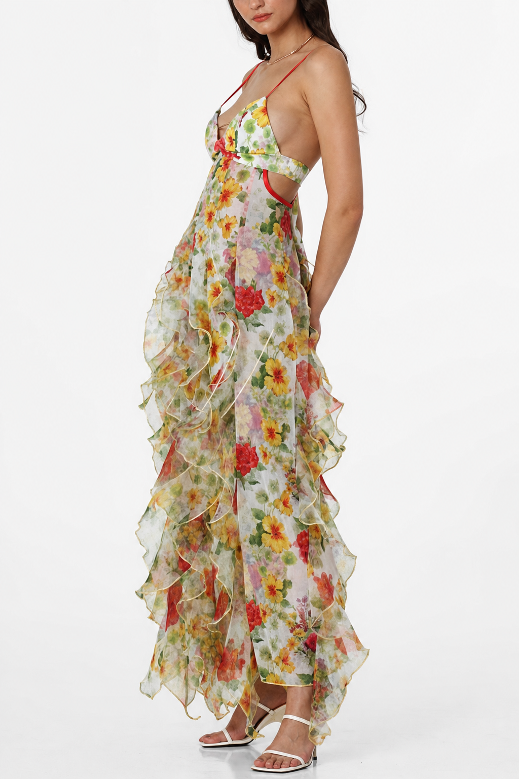 Blue Floral Tiered Ruffle Chiffon Maxi Dress - view 3