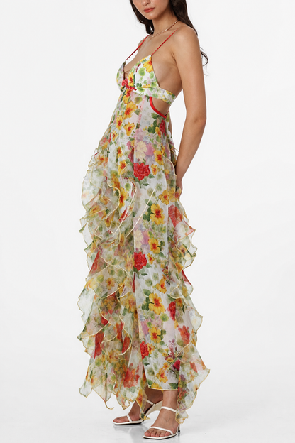 Blue Floral Tiered Ruffle Chiffon Maxi Dress - view 3