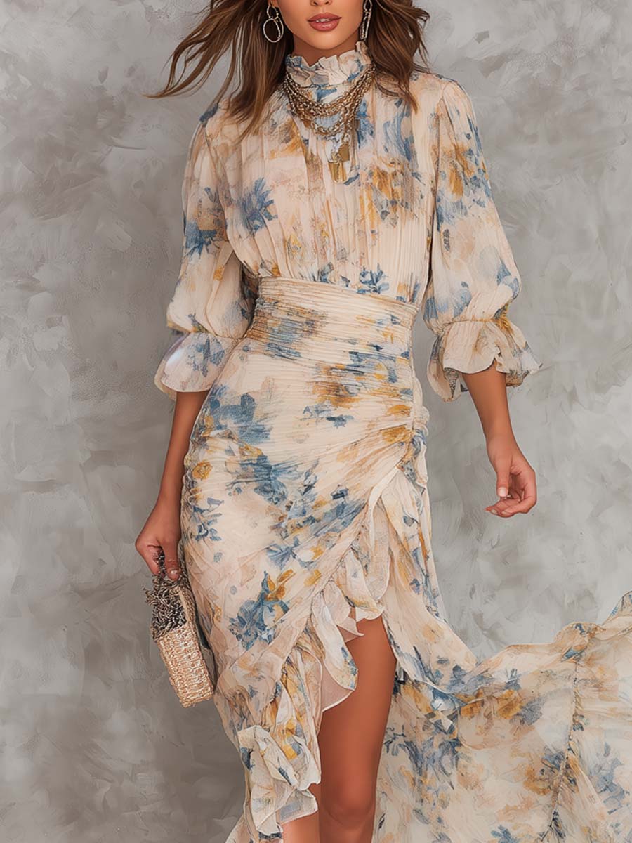 Yellow Floral Chiffon Ruched Maxi Dress - view 4