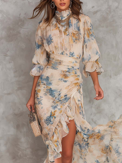 Yellow Floral Chiffon Ruched Maxi Dress - view 4