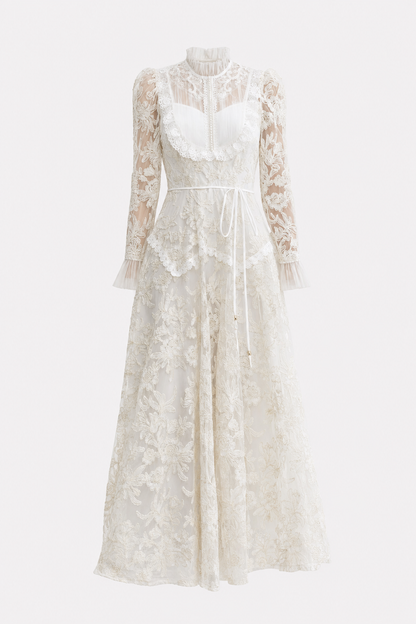 Floral Lace Mock Neck Maxi Dress with Pearls