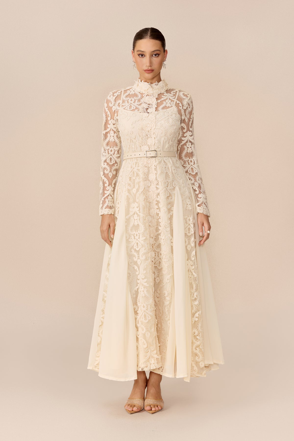 High Neck Lace Overlay Maxi Dress in Beige - view 2