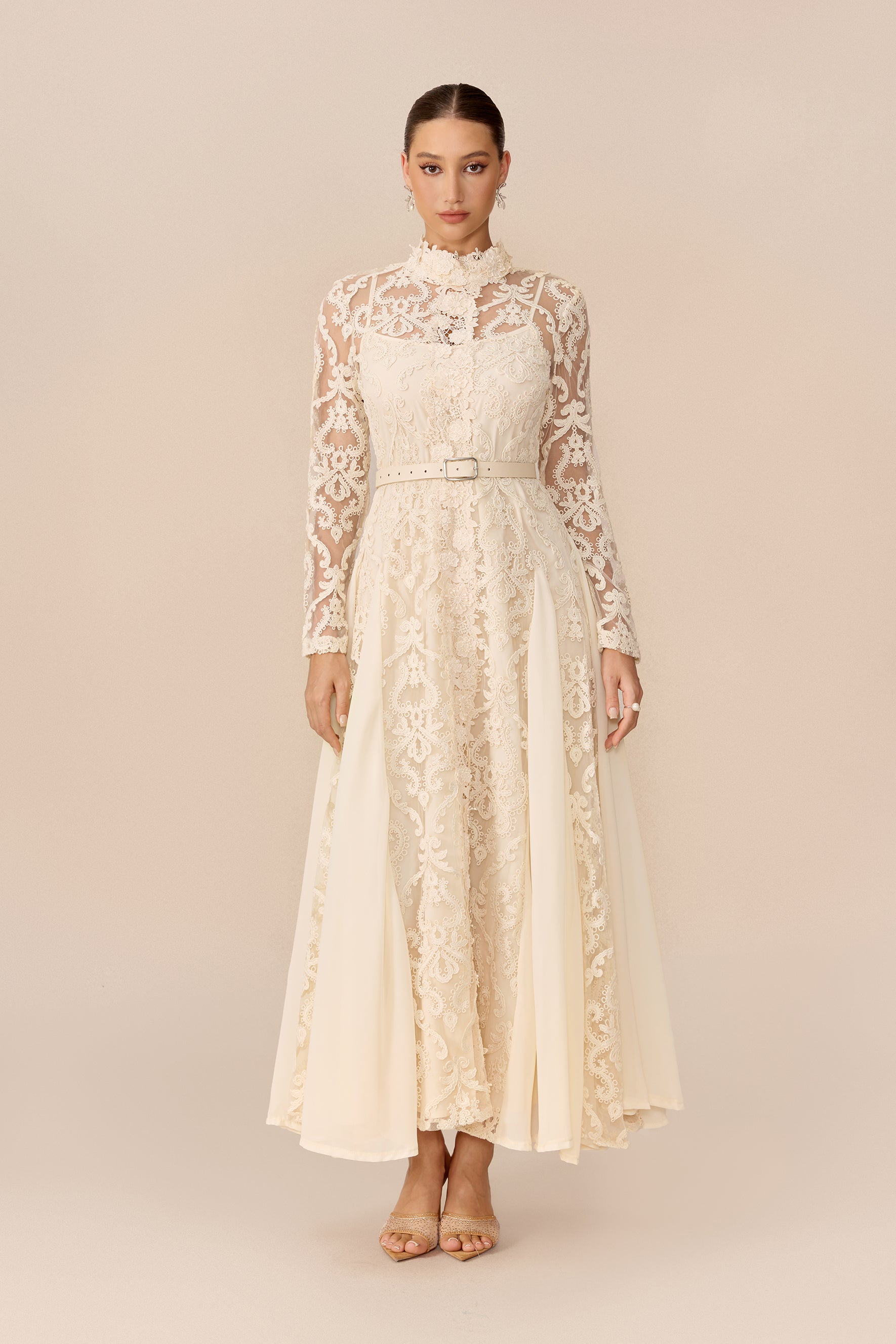High Neck Lace Overlay Maxi Dress in Beige - view 2