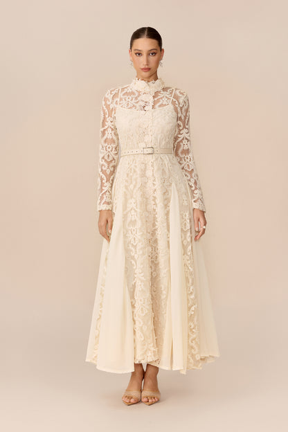 High Neck Lace Overlay Maxi Dress in Beige - view 2