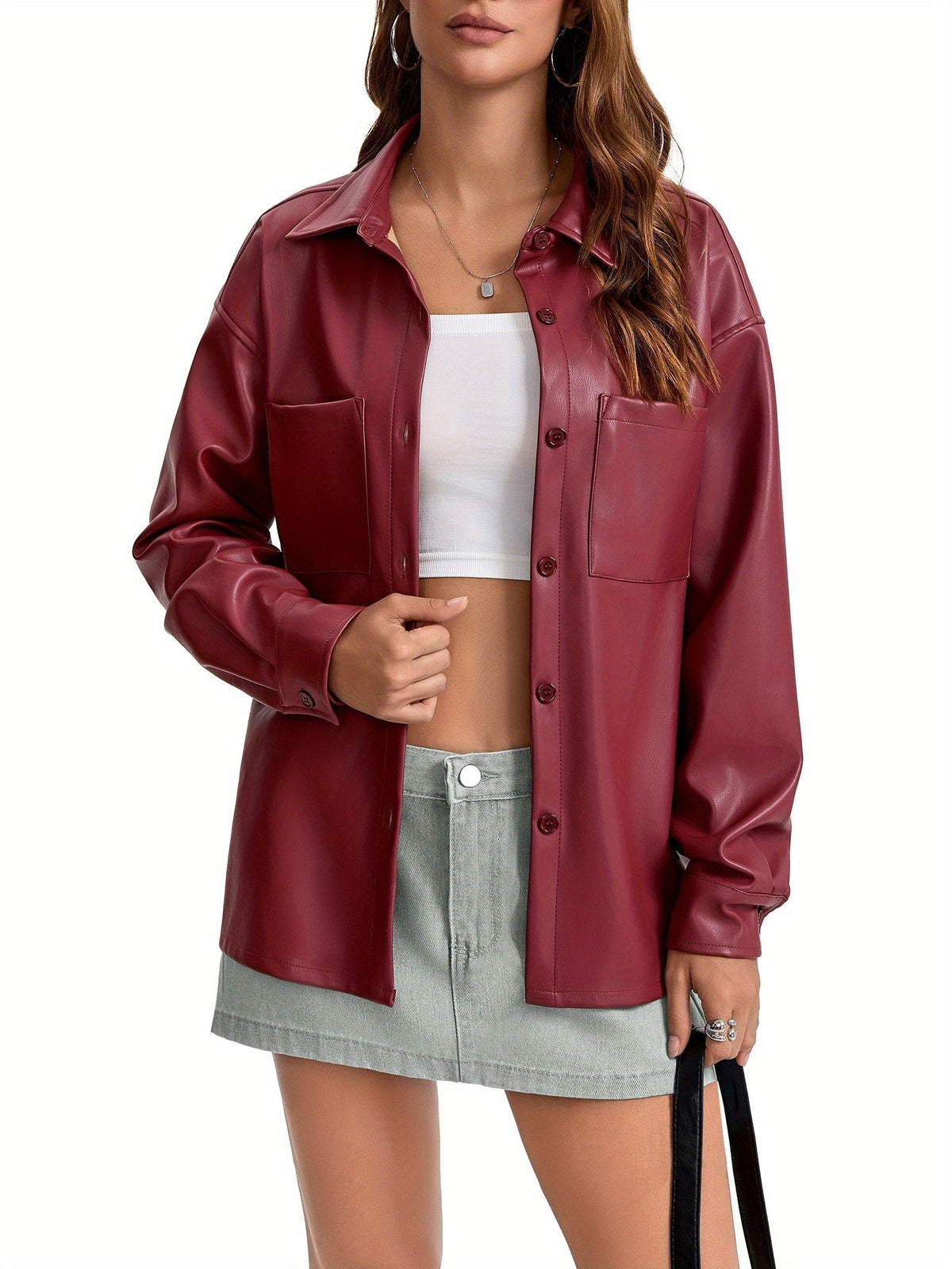 Oversized Faux Leather Button-Front Jacket - view 9