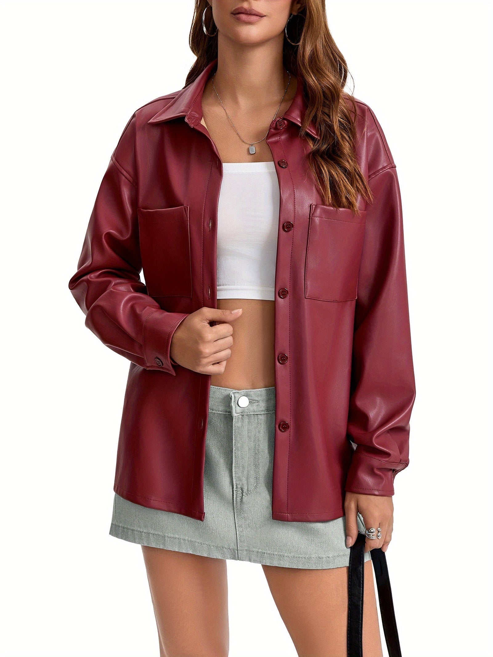 Oversized Faux Leather Button-Front Jacket - view 9