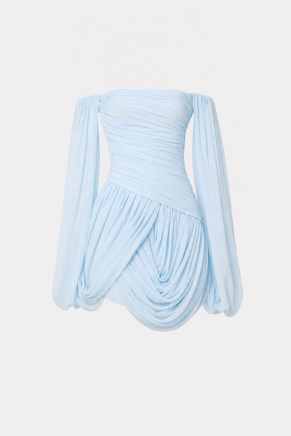 Blue off-shoulder ruched mini dress with built-in shorts