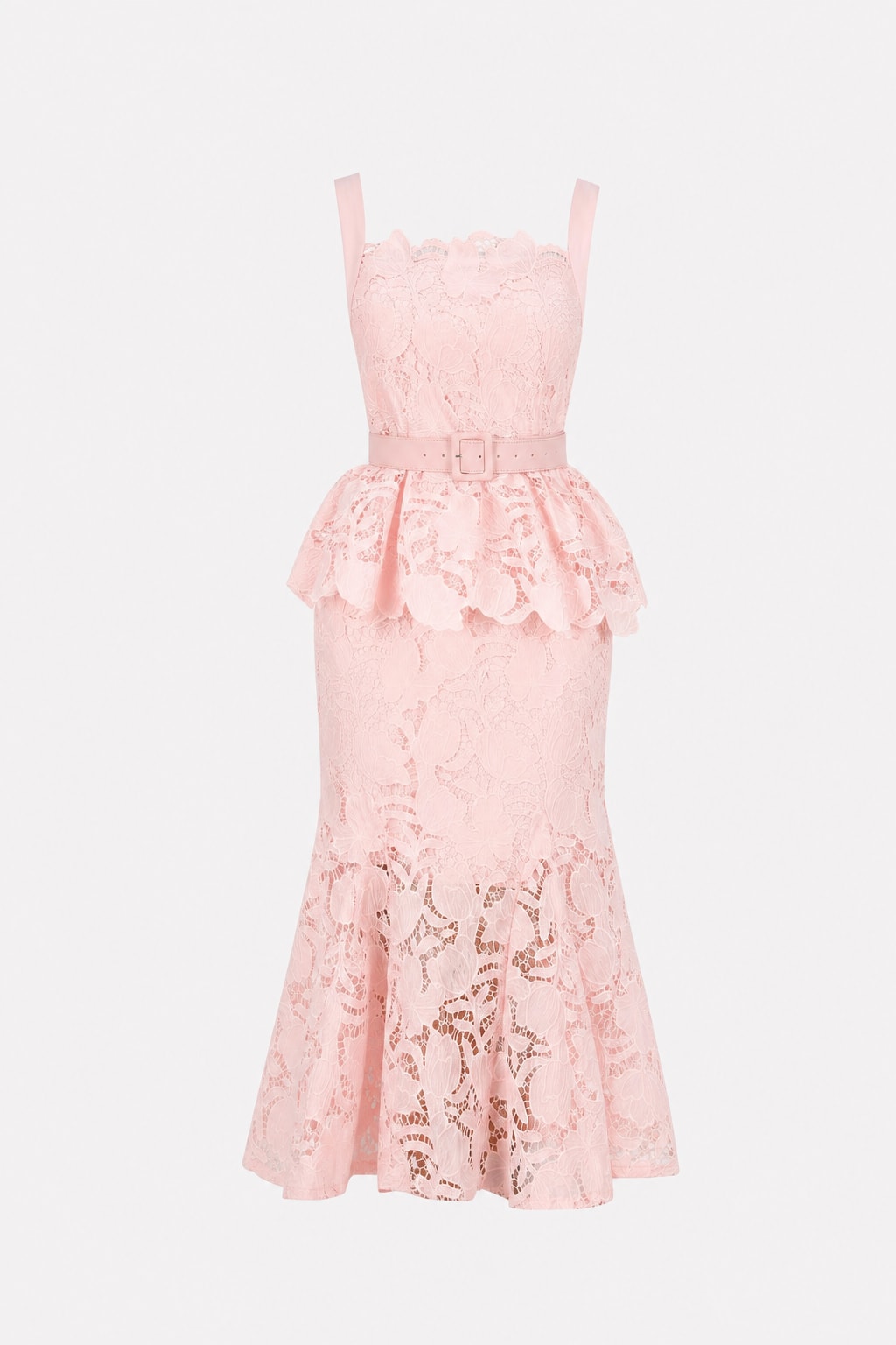 Lace Peplum Midi Dress With Belted Waist - 1