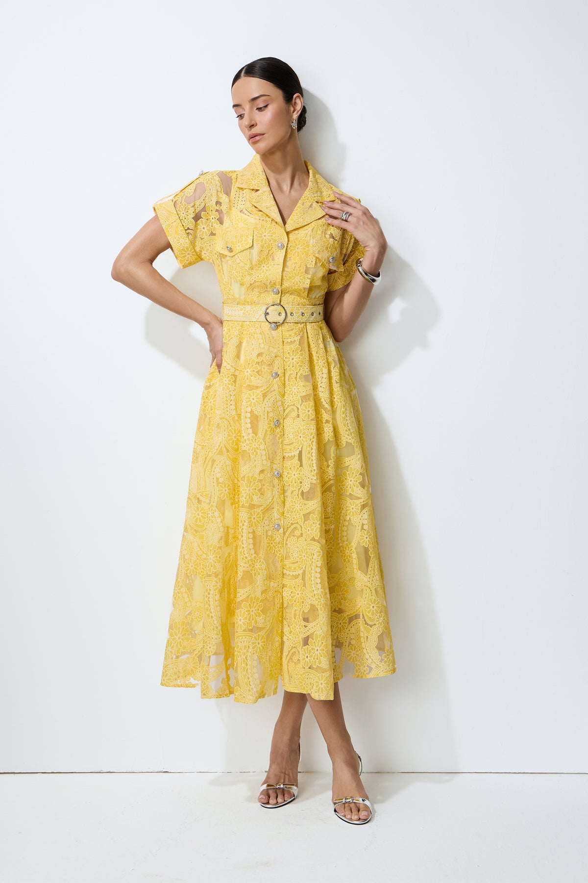 Belted Floral Lace Midi Dress in Yellow - view 2