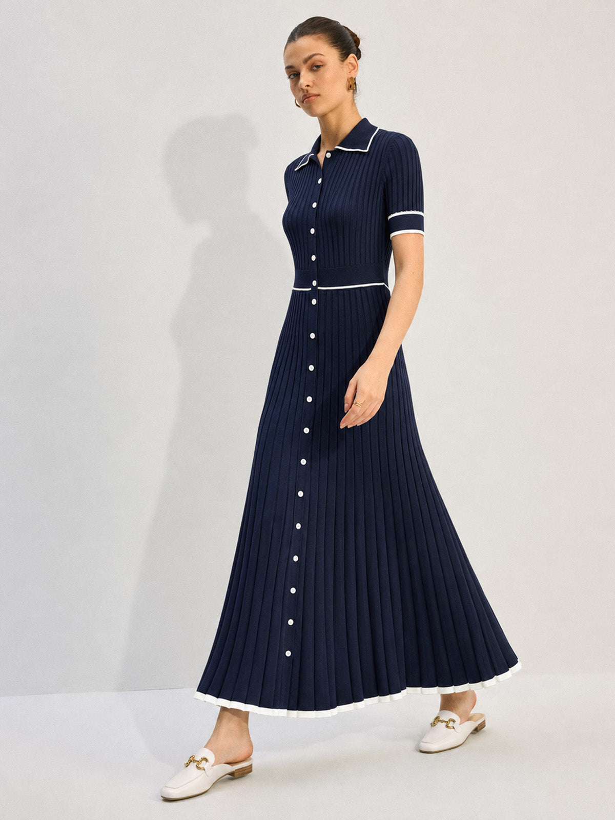 Blue Rib Knit Midi Dress, Contrast Collar - view 5