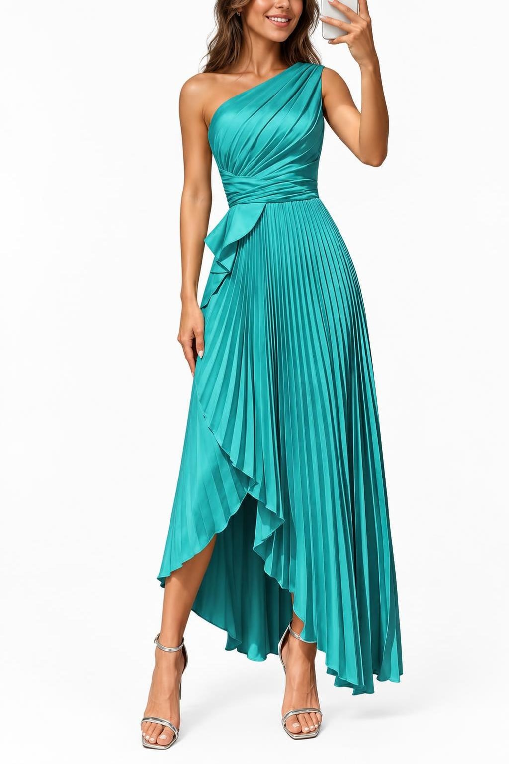 Satin Maxi Dress With One-Shoulder Neckline - 11