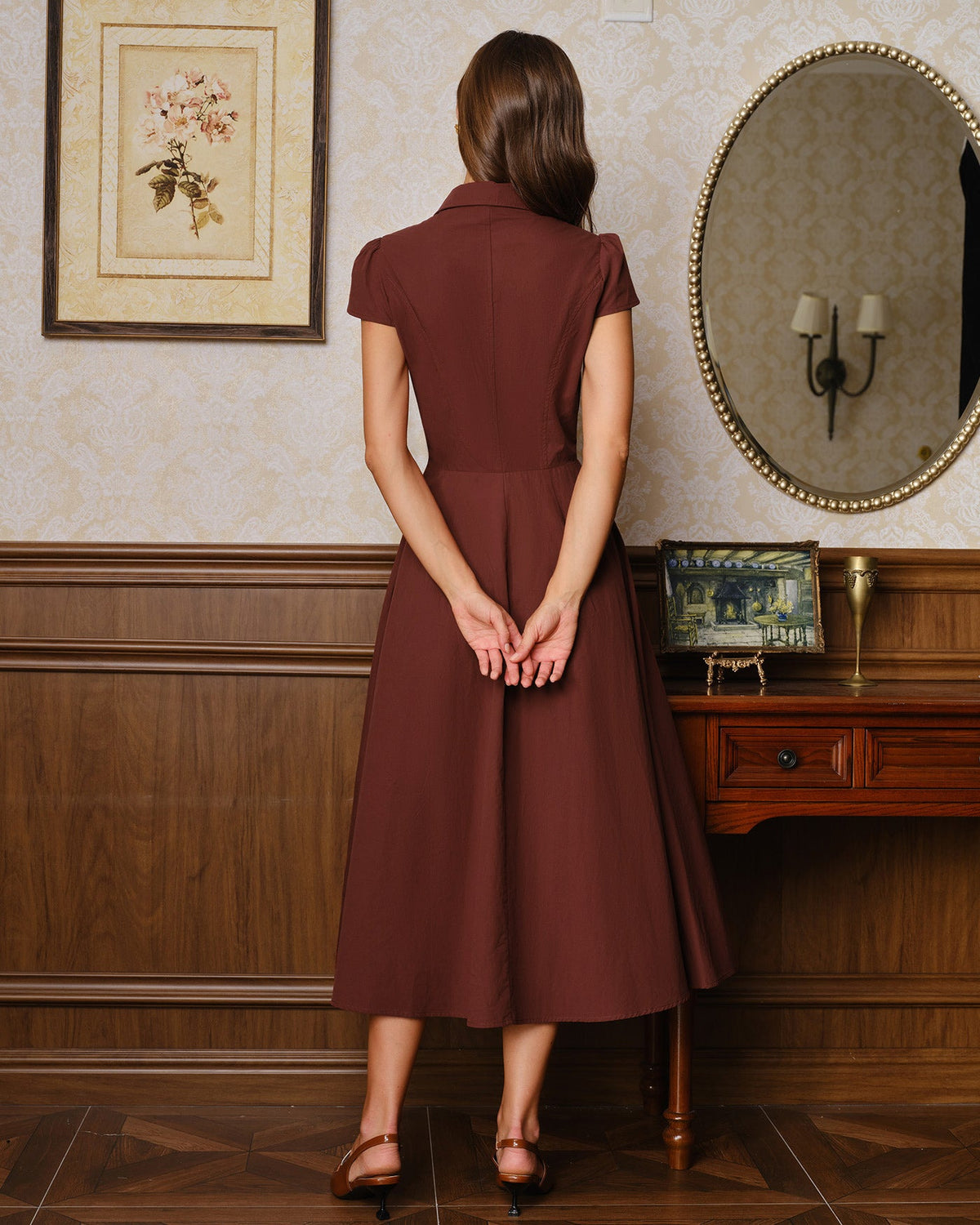Red cotton midi dress with collar, buttons and pockets - view 4
