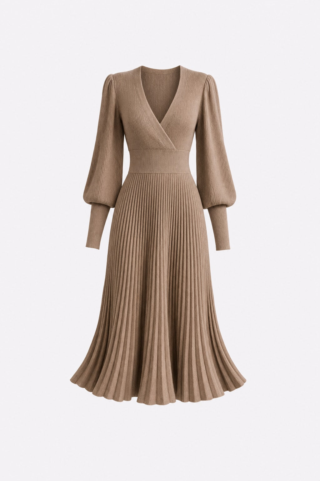 Balloon Sleeve V-Neck Midi Dress - 1