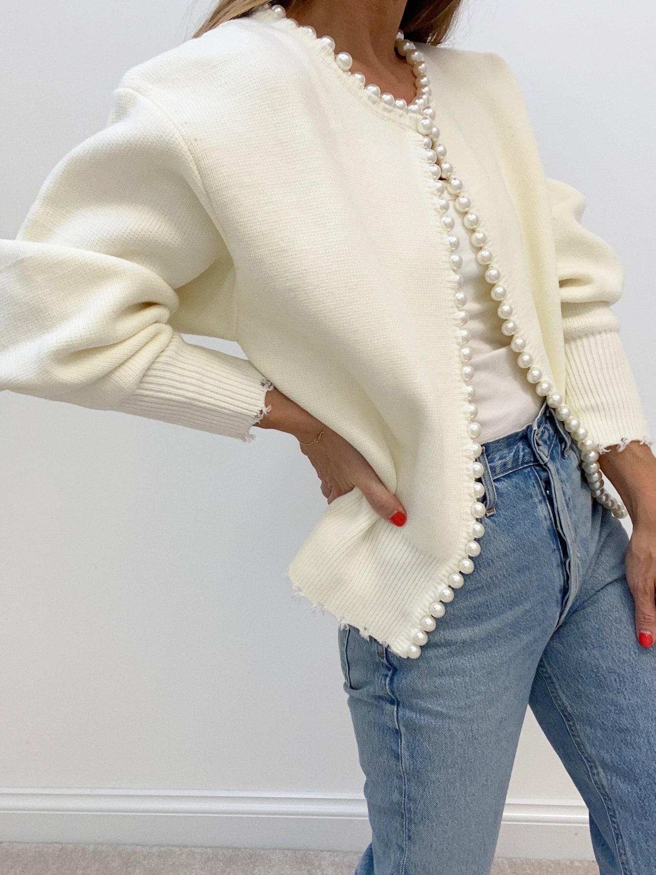 White knit cardigan with pearl trim - view 5