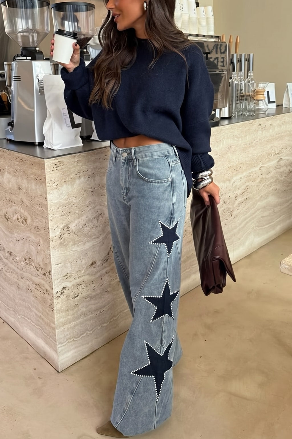 Denim Wide Leg Jeans With Side Star Pocket - 2