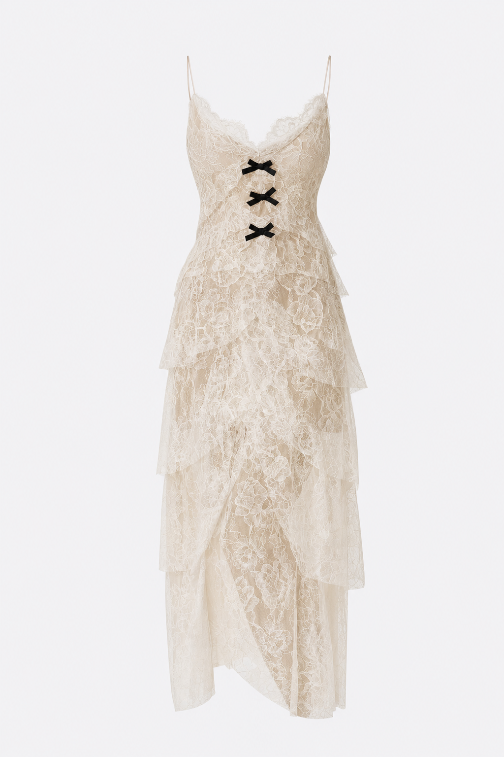Apricot lace layered-hem maxi dress
