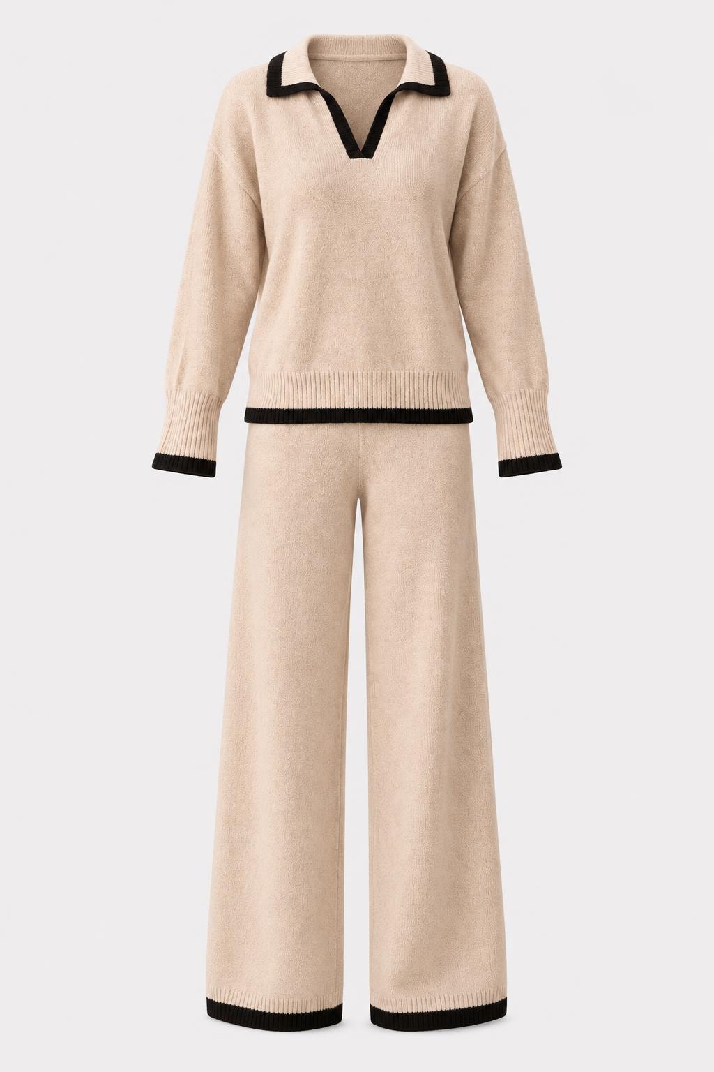 Polyester Two-Piece Pants Set With Contrast Trim - 1
