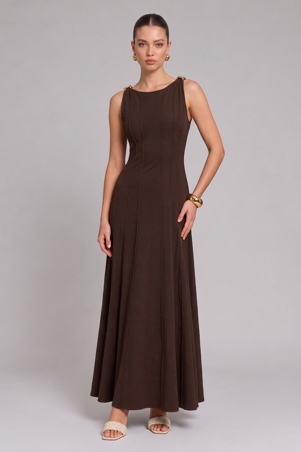 Woven Sleeveless Maxi Dress With Boat Neckline - 6