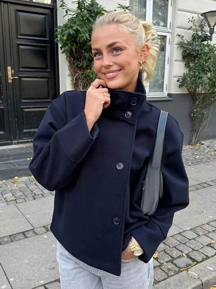 High Neck Tailored Coat, Cropped Fit - view 7