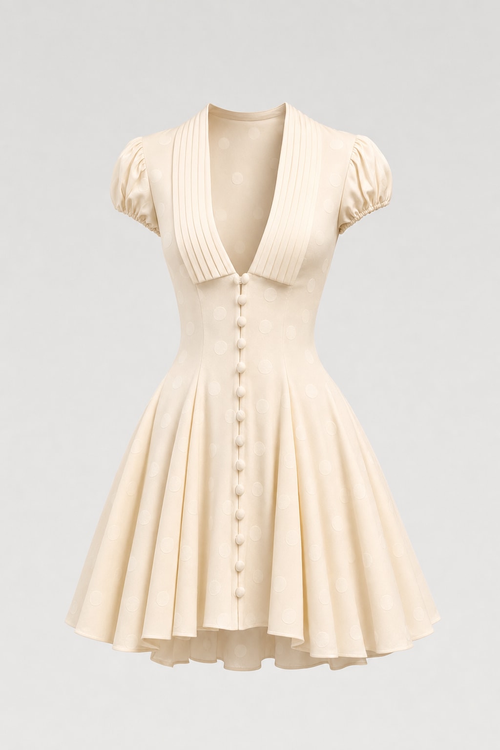 Ivory Polka Dot Mini Dress With Puff Sleeves - 1