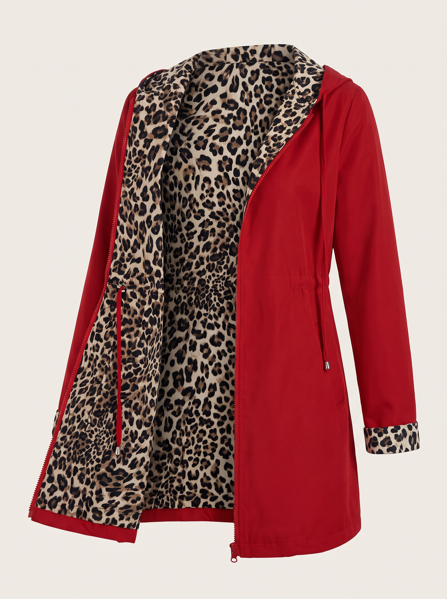 Reversible hooded jacket with leopard print lining