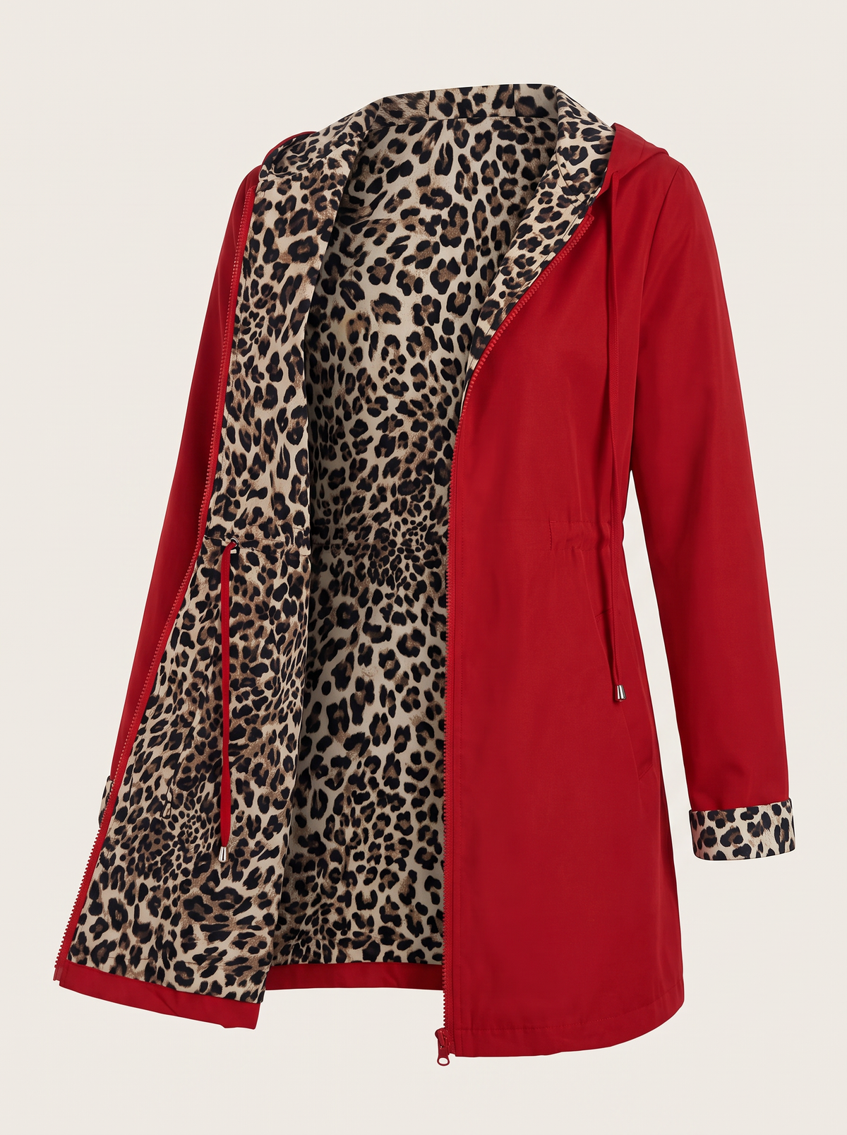 Reversible hooded jacket with leopard print lining