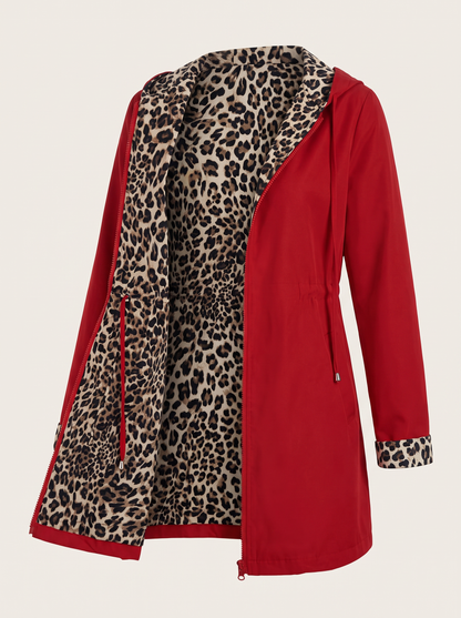 Reversible hooded jacket with leopard print lining