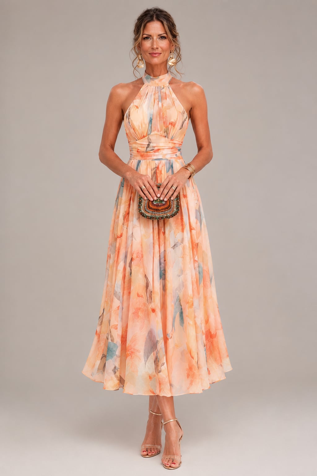 Halter Neck Maxi Dress With Watercolor Print - 2