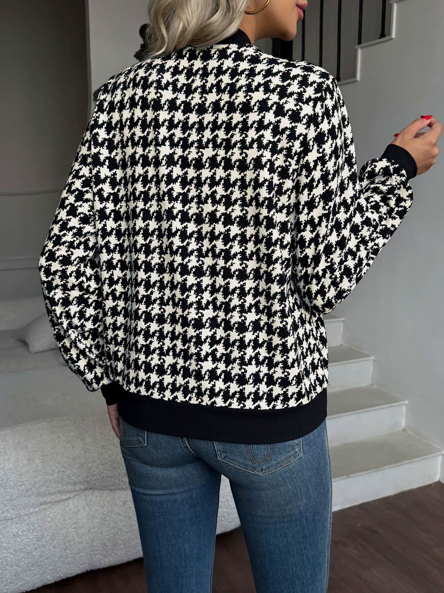 Black Houndstooth Bomber Jacket, Hip Length - view 2