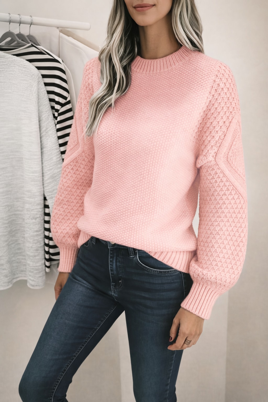 Knitted Sweater with Lantern Sleeves - 6