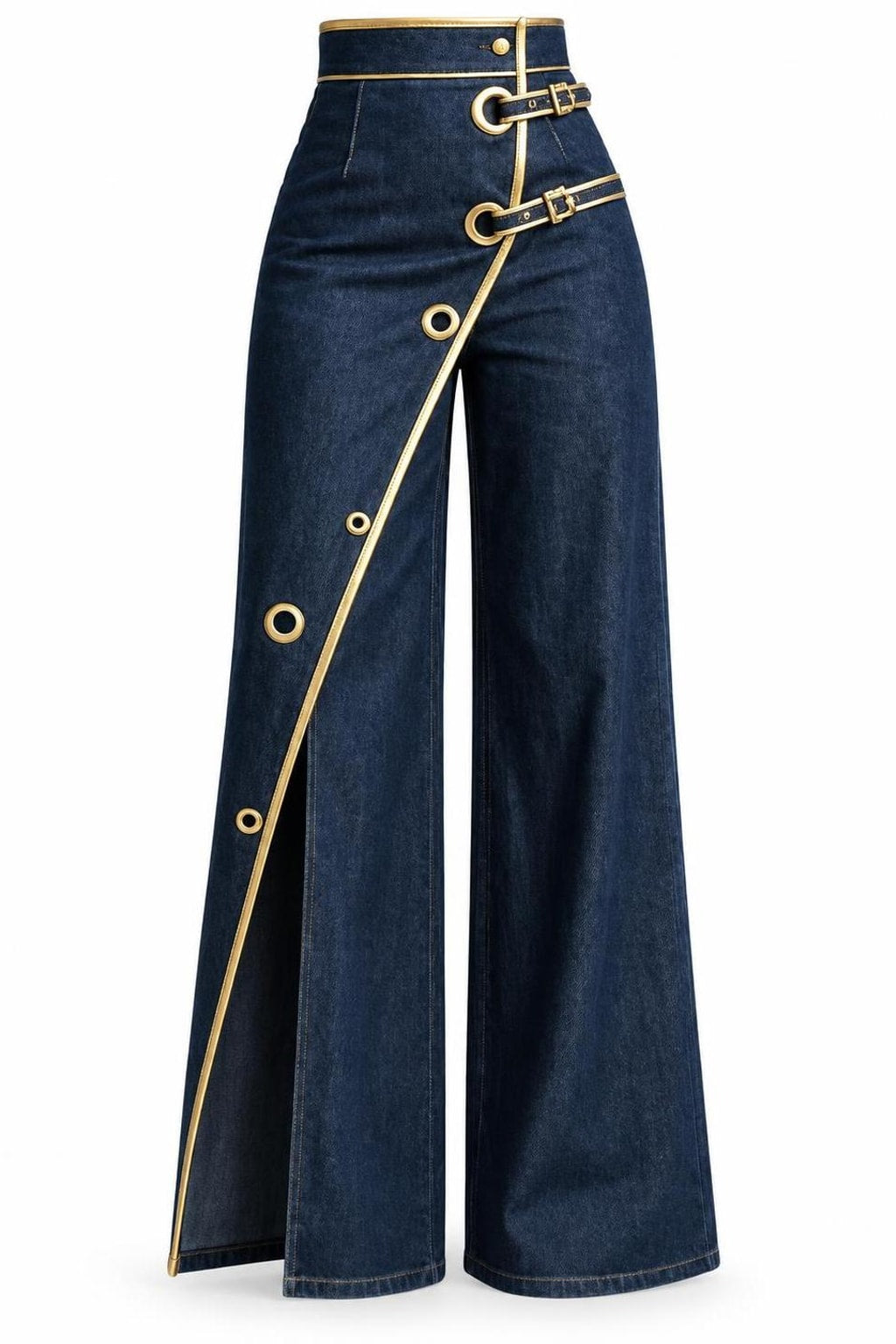 Cotton High-Waisted Wide-Leg Jeans With Gold Piping - 1