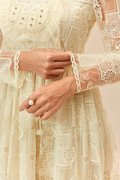 Beige Floral Lace Maxi Dress, Drawstring Waist - view 5