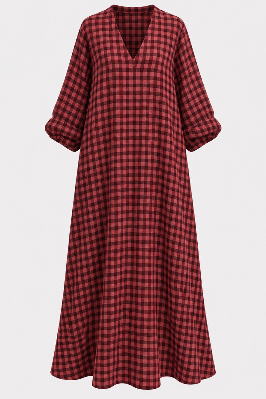 Polyester Maxi Dress Casual V-Neck Plaid Vintage Style - 1
