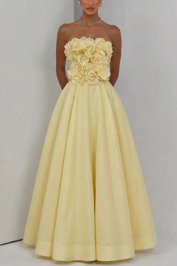 Off-Shoulder Rosette Midi Dress in Yellow - view 2