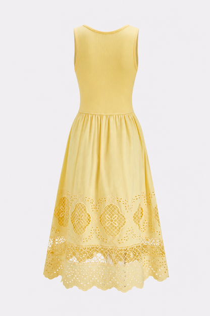 Yellow eyelet embroidery sleeveless midi dress - view 5