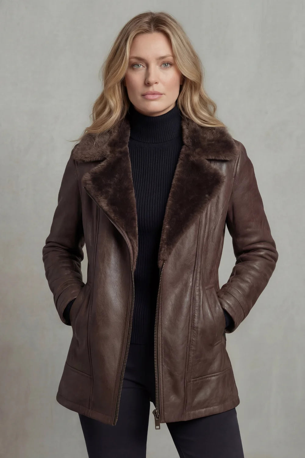 Shearling Collar Leather Jacket - view 3