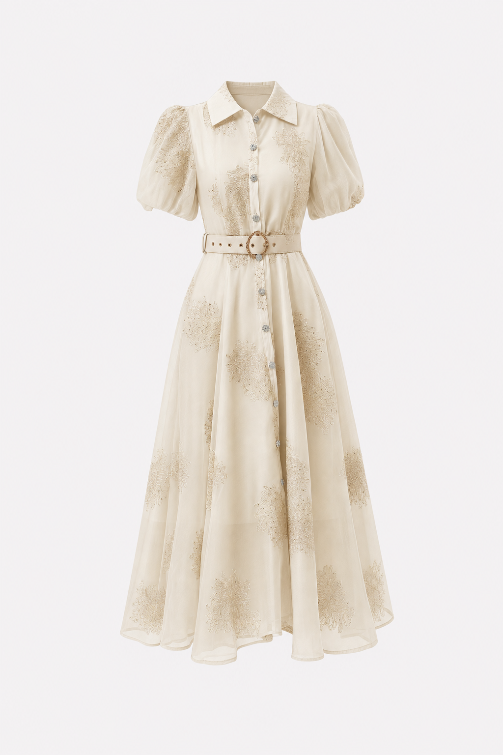 Apricot embroidered maxi shirt dress with belt