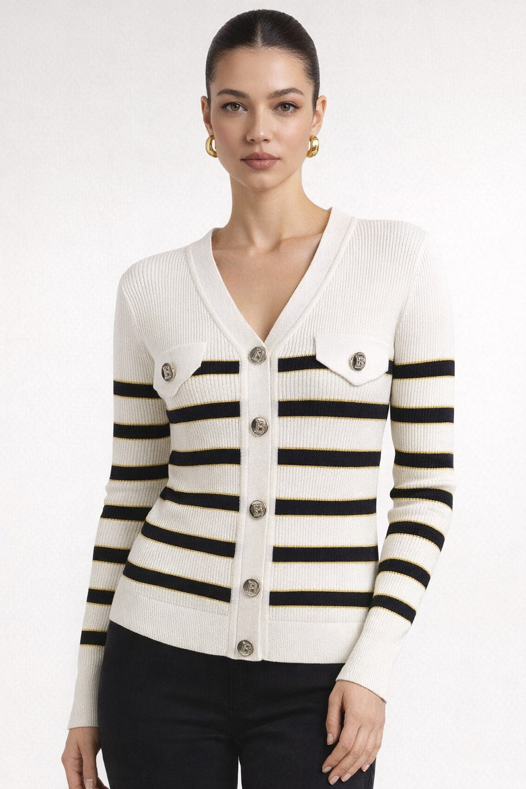 Knit Open Cardigan Sweater With Slim V-Neck - 4