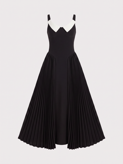 Pleated Maxi Dress With Contrast Collar