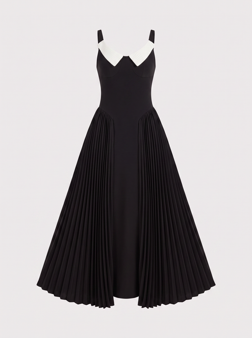 Pleated Maxi Dress With Contrast Collar