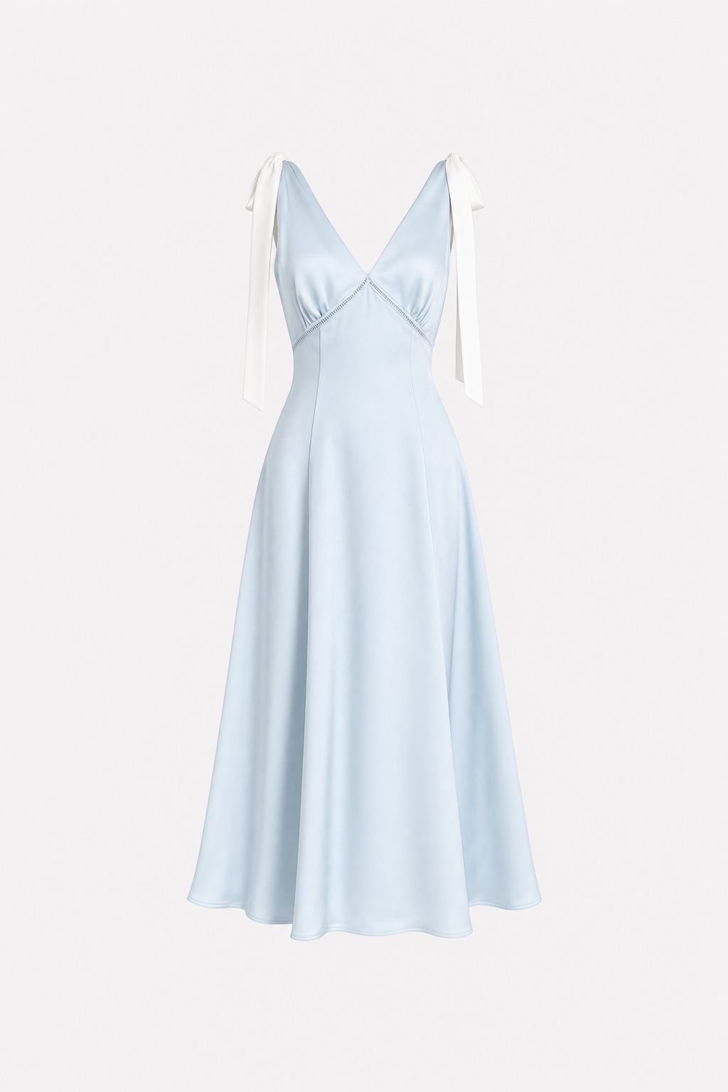 Blue V-neck satin midi dress with ruched cutout waist