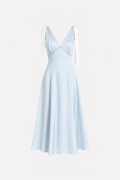 Blue V-neck satin midi dress with ruched cutout waist